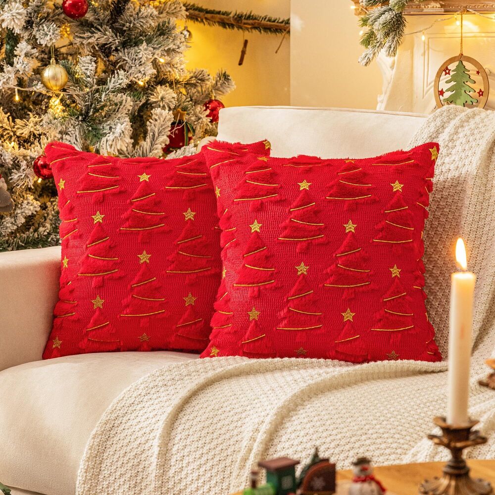 6248 Christmas Tree Decorative Red Throw Pillow Covers 24x24 Set of 2, Faux